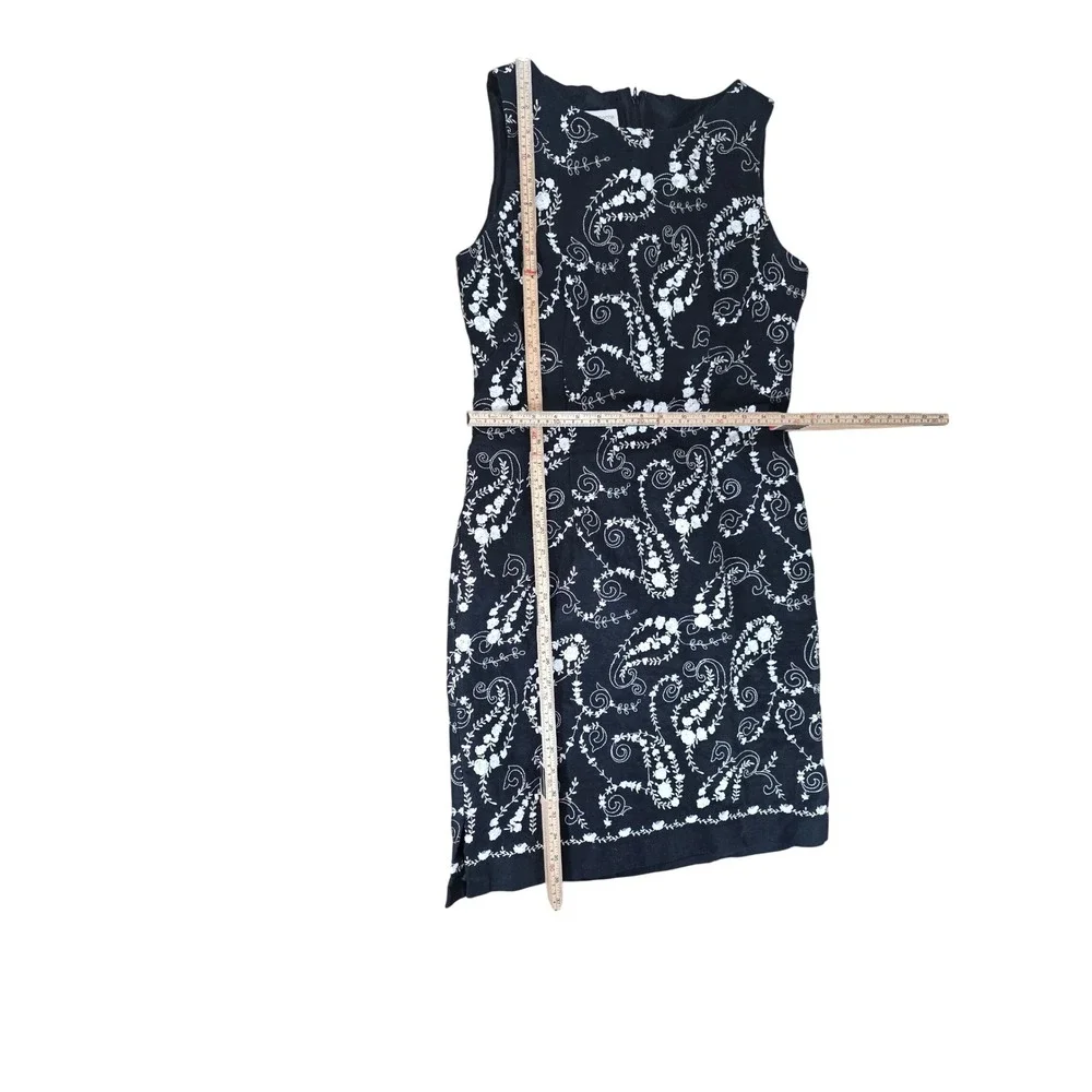 Liz Claiborne Shift Dress Womens 8 Black Linen Floral Paisley Embroidered‎